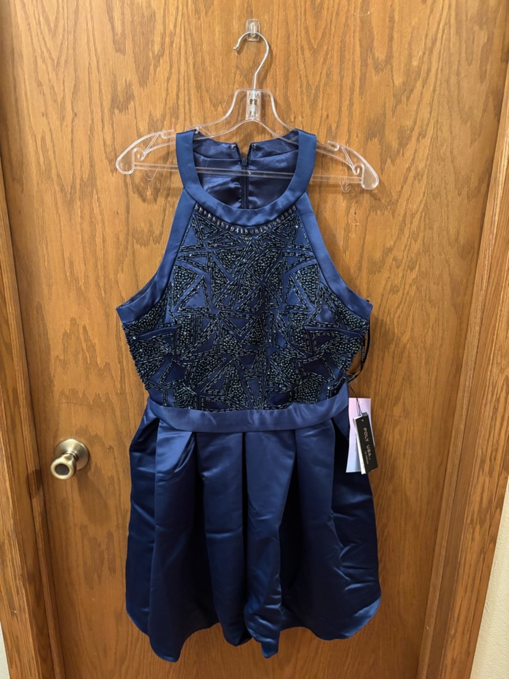 Poly USA Navy Beaded Halter-Top Prom Dress. XL